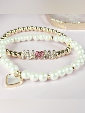 Pearl & Gold 'MAMA' Bracelet Set with Pink Heart Mother of Pearl CZ’s Retired